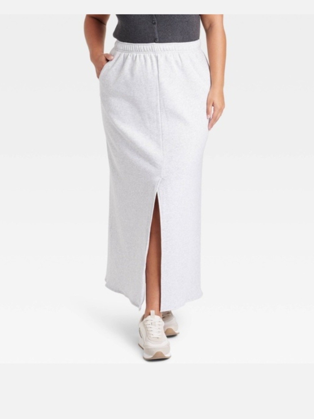 Fleece Lined Heather Light Gray Maxi Skirt with Front Slit